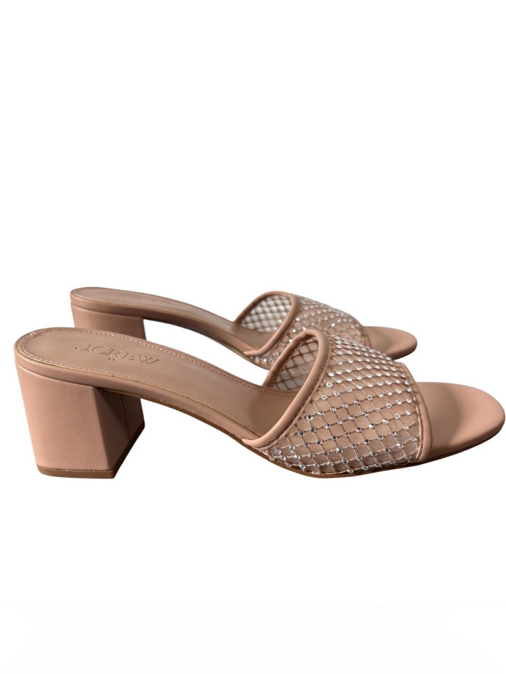 J. Crew Nude Rhinestone Mesh Slide Mules with Low Block Heel